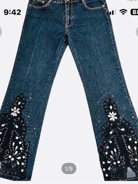 Azi Dark Blue Embellished Women’s Jeans with Floral Appliqué stretch and com